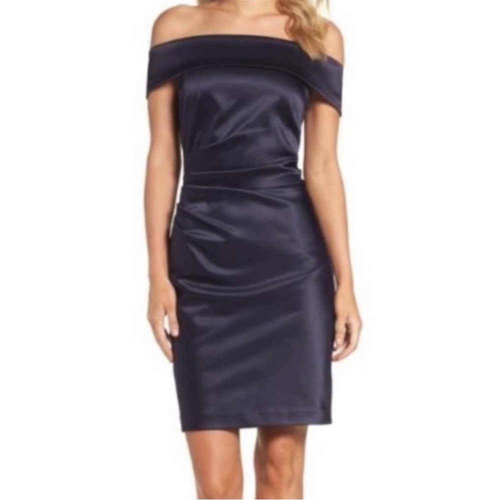 Eliza J Alexia Ruched Off Shoulder Satin Sleek Sheath Dress Navy indigo